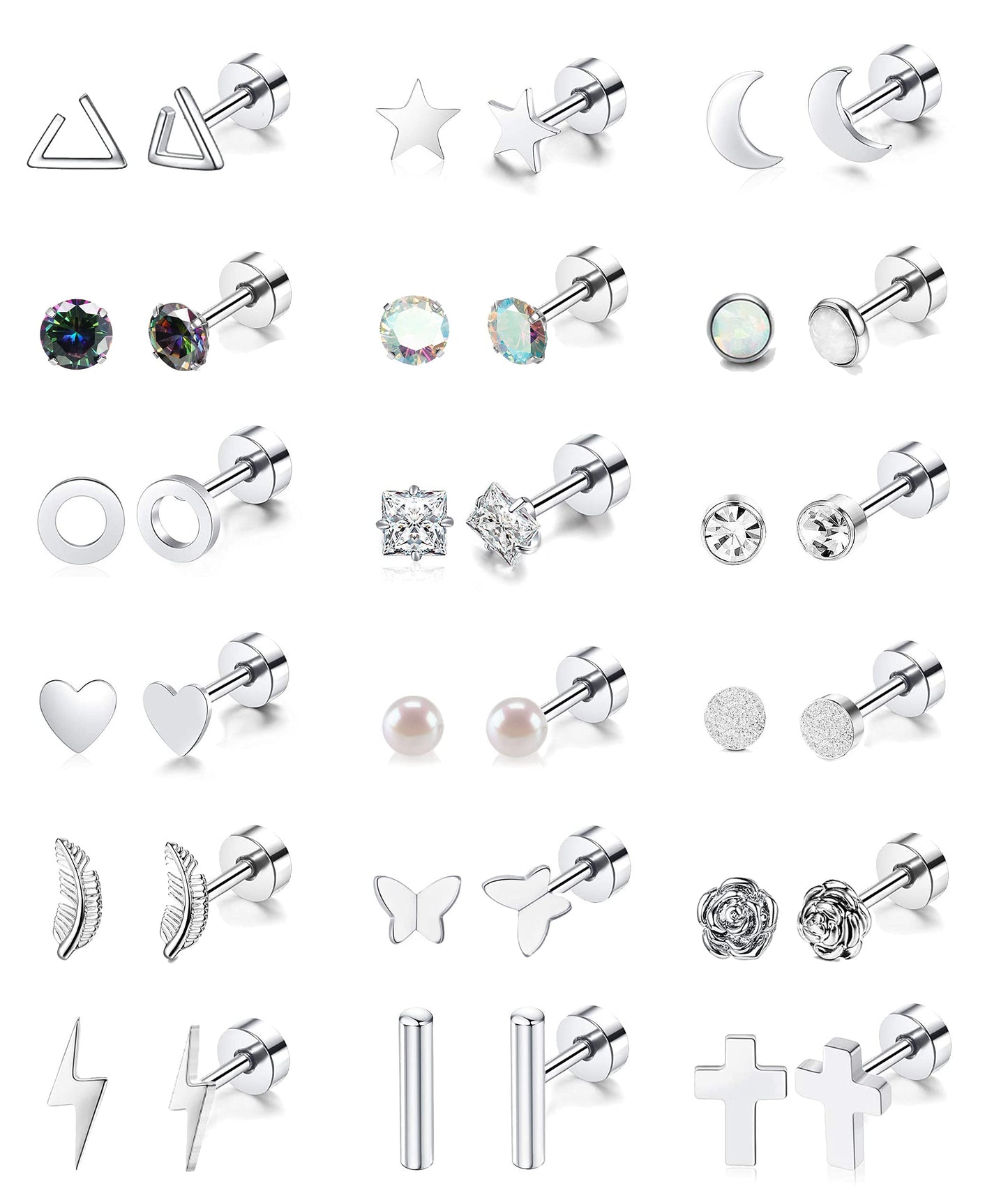 18 Pairs Stainless Steel Stud Earrings Set for Women Men Star Moon flower Heart Leaf Opal 20G Cartilage Earrings Hypoallergenic Flatback Earrings Piercing Jewelry