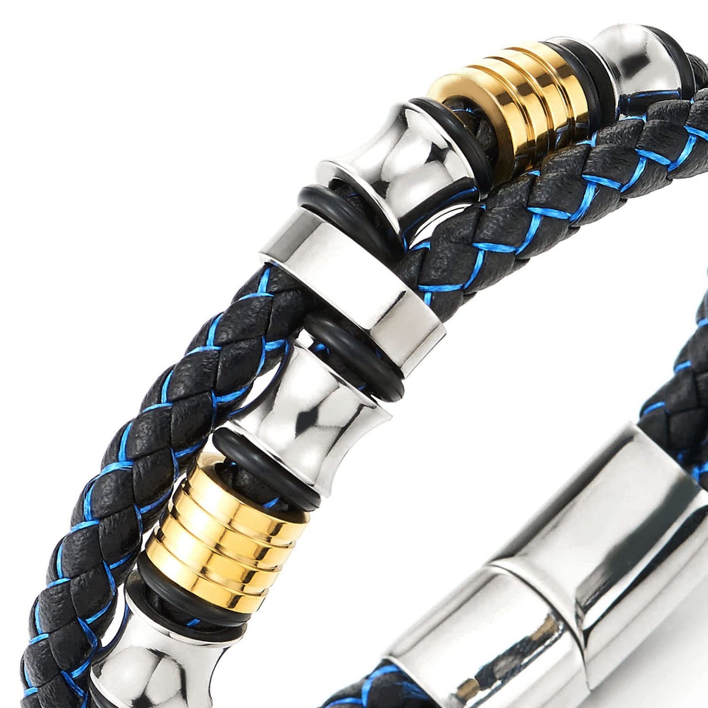 COOLSTEELANDBEYOND Mens Double-Row Braided Leather Bracelet Bangle Wristband with Stainless Steel Ornaments