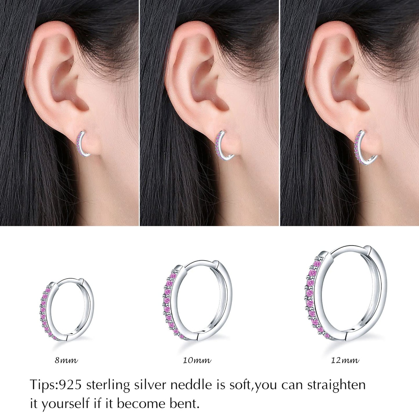 925 Sterling Silver Small Hoop Earrings Cubic Zirconia Huggie Hoop Earrings, 3 Pairs 14K White Gold Plated Cartilage Piercing Earrings Ear Cuff Tiny Hoop Earrings for Women Men