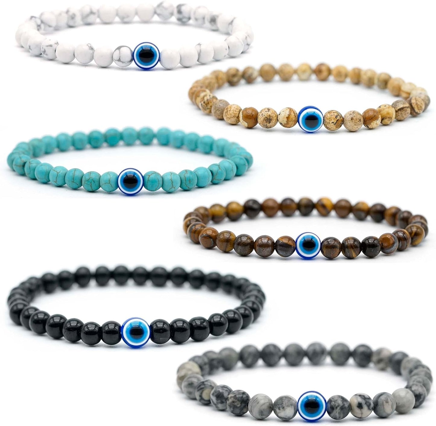 Natural Stone Agate Elastic Evil Eye Bracelet Kit with Charms Adjustable for Men Boyfriend for Gift Boys Stretch Bracelet for son Gifts 6mm