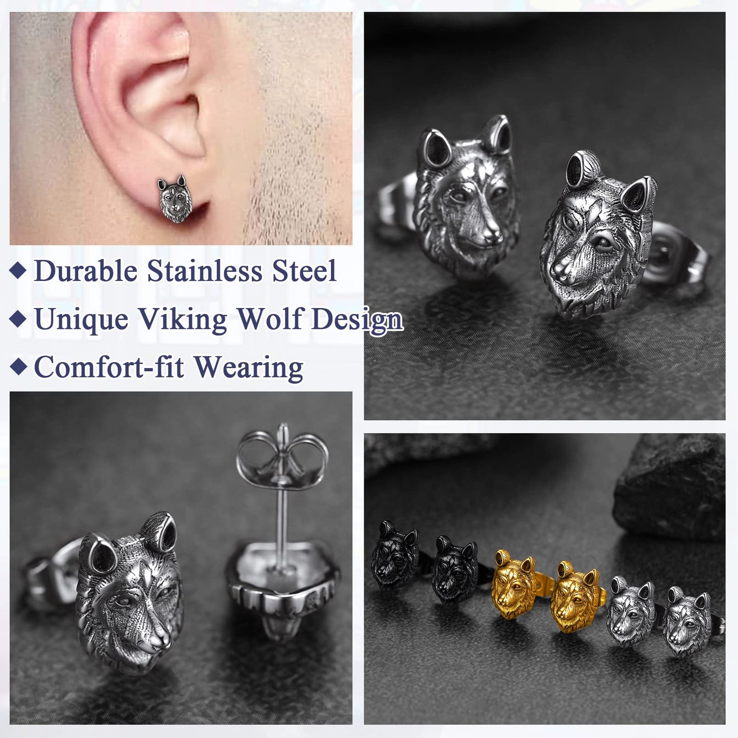 FaithHeart Norse Viking Jewelry Sterling Silver/Stainless Steel Stud Earrings Celtic Wolf/Thors Hammer Studs for Women Men