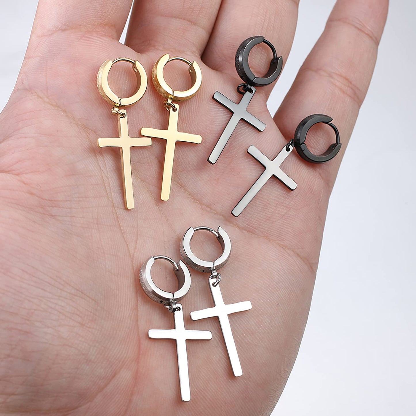 Men Women Stainless Steel Cross Earrings Set Dangle Hinged Earrings of Dangle Hinged Earrings Cross hoop Earrings