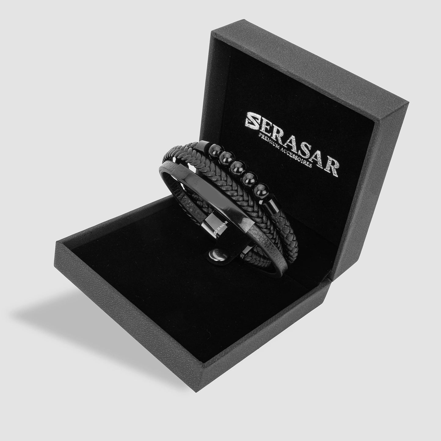 SERASAR Premium Leather Bracelet Men | Stainless Steel Magnetic Clasp | Three Colors | Jewelry Box Included