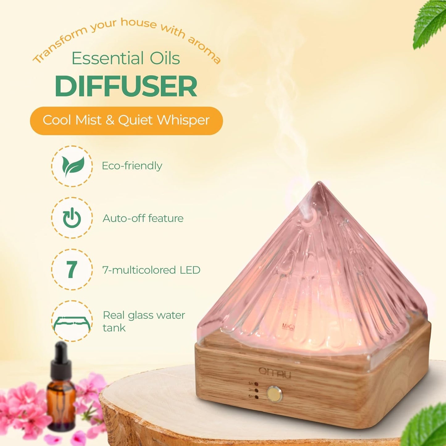 Glass Pyramid Essential Oil Diffuser with Glass Reservoir & Wood Base, Plastic Free Scent Oil Diffusers, 200ml Ultrasonic Glass Diffuser for Aromatherapy Cool Mist Humidifier for Home Gift