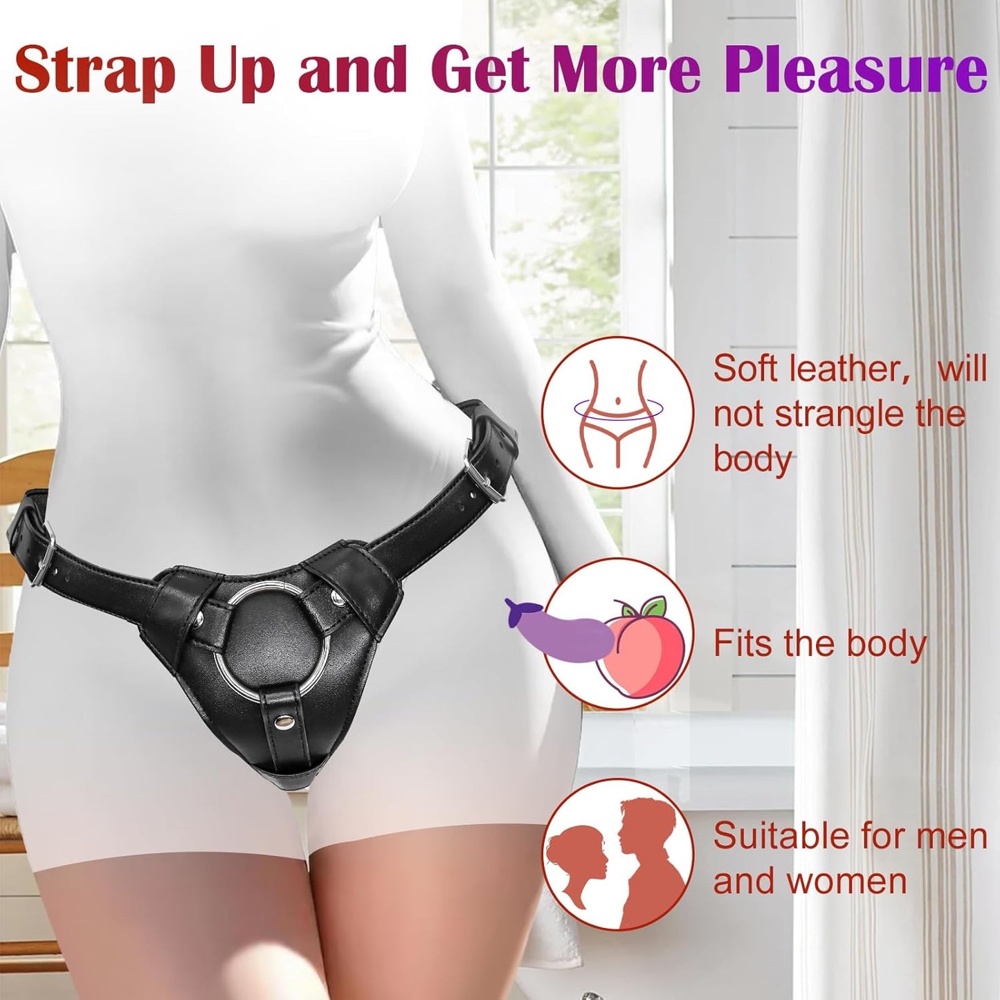 Strap On Dildo Harness Adult Sex Toys for Women Men Pegging Dildo, Adjustable Waist and Thigh Soft Nylon Vegan Leather Belt with 2 Size Metal O-Rings for Lesbian Gay Couple Vaginal Anal Play, Black