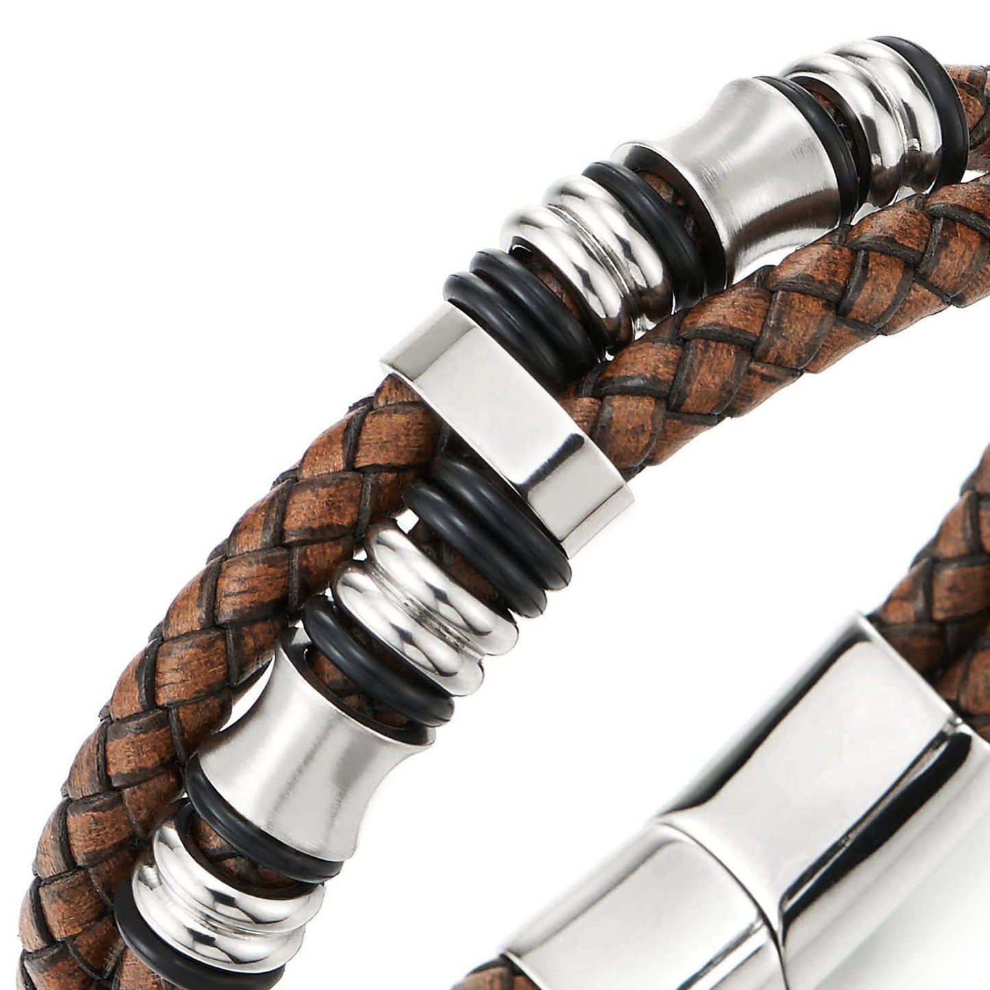 COOLSTEELANDBEYOND Mens Double-Row Braided Leather Bracelet Bangle Wristband with Stainless Steel Ornaments