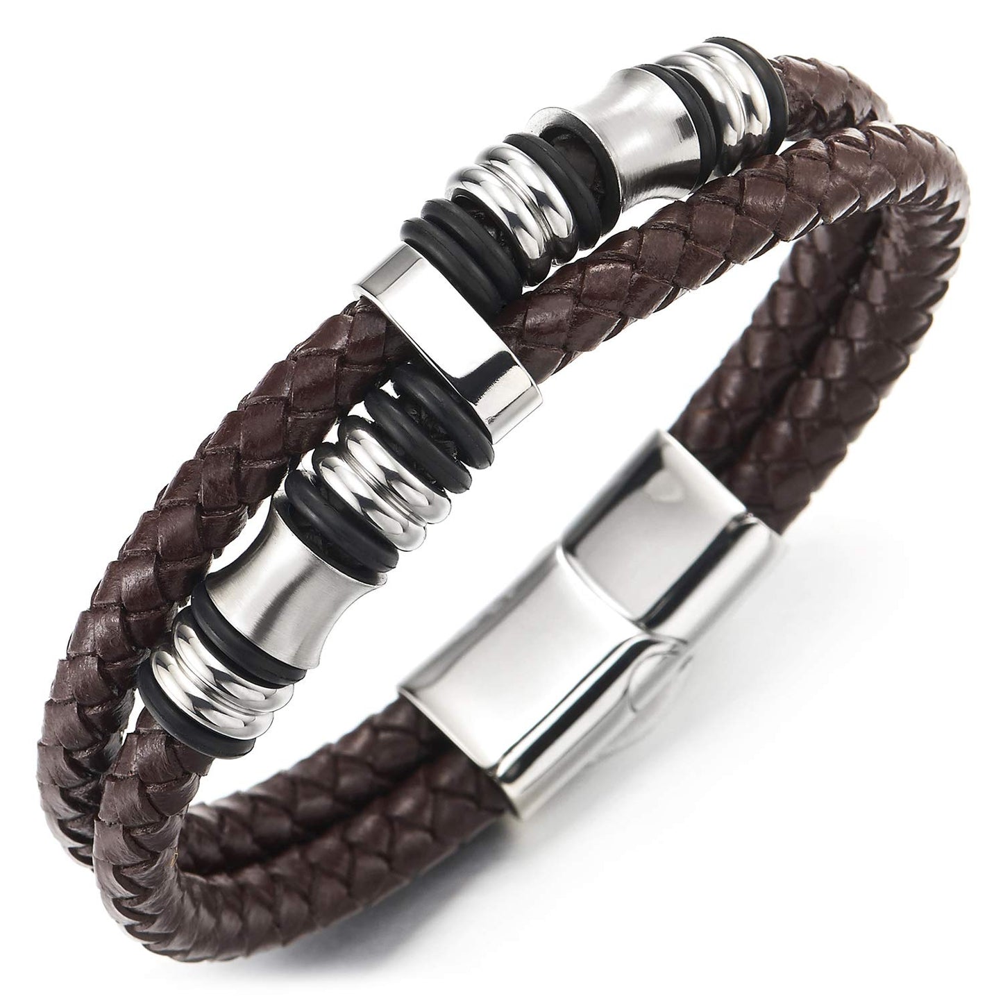 COOLSTEELANDBEYOND Mens Double-Row Braided Leather Bracelet Bangle Wristband with Stainless Steel Ornaments