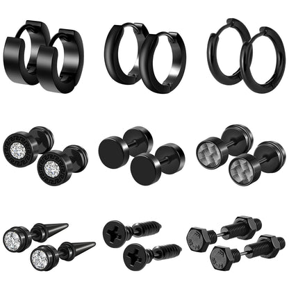 Black Stainless Steel Stud Earrings for Men Women Small Huggie Hoop Earrings Set for Men Cool Goth Punk Earrings Barbell Earrings Black Silver Hoop Cartilage Earring (Classic) (Black Tone)