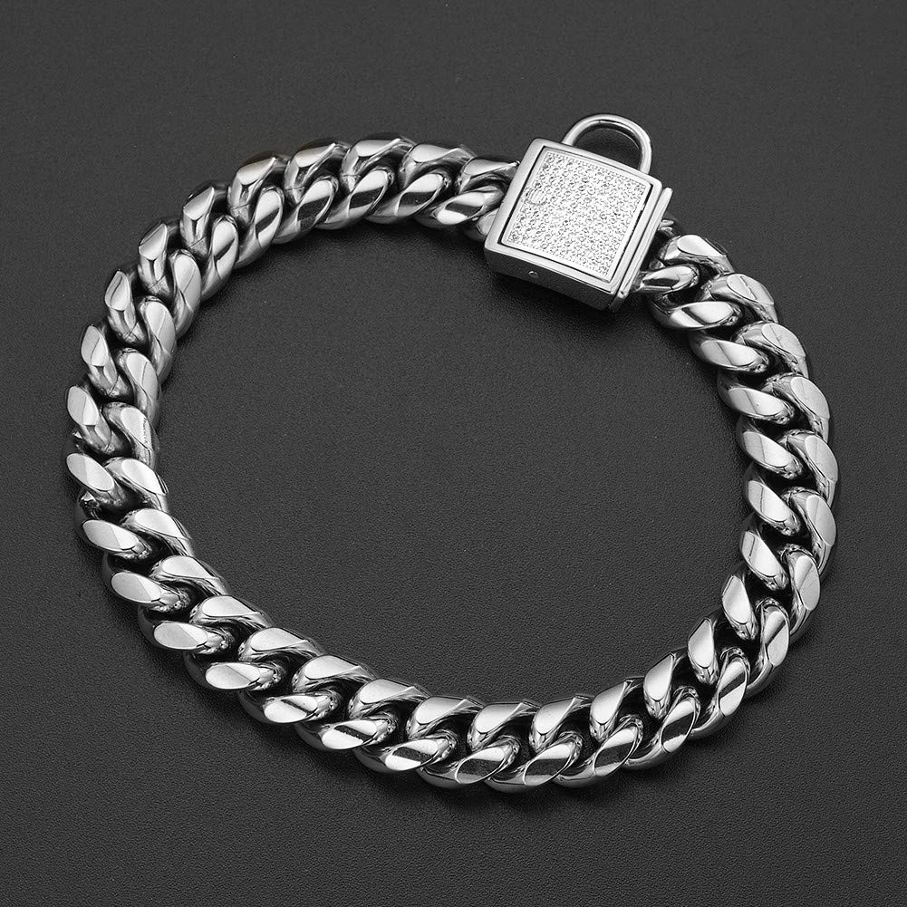 Gold Dog Chain Collar 10mm Wide Cuban Link Puppy Collar 316L Stainless Steel with CZ Diamond Lock Bling Collar for Large Medium Small Dogs(10mm Gold,10inches)