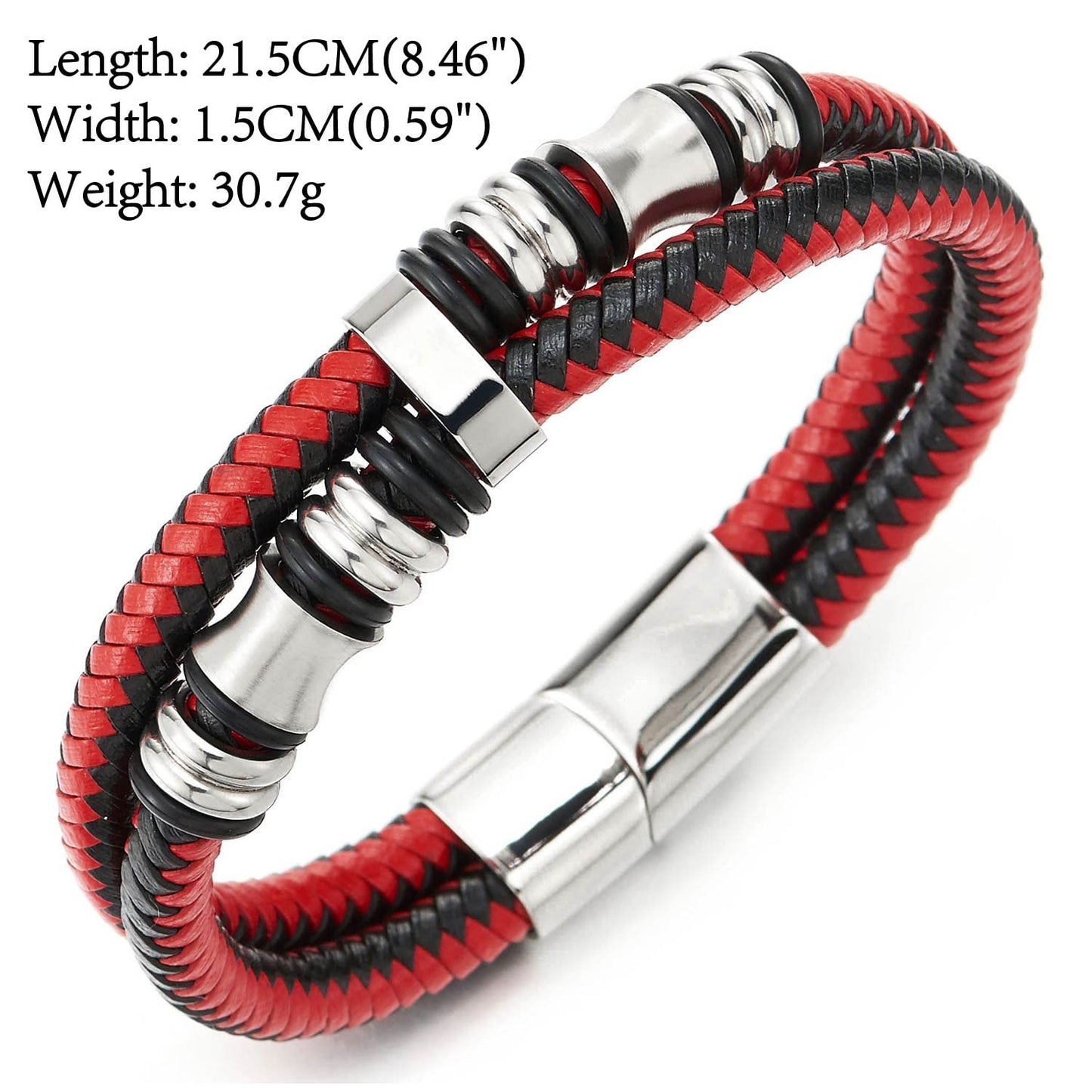 COOLSTEELANDBEYOND Mens Double-Row Braided Leather Bracelet Bangle Wristband with Stainless Steel Ornaments