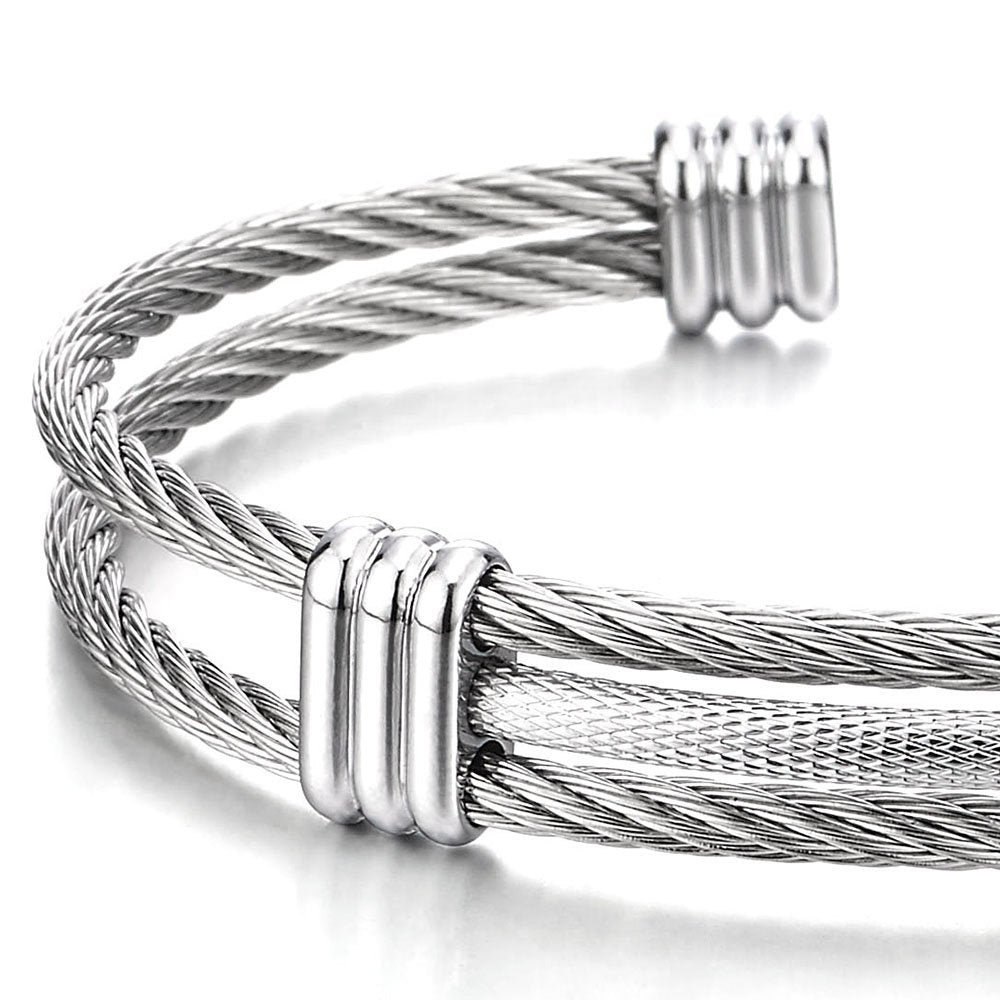 COOLSTEELANDBEYOND Men Women Stainless Steel Twisted Cable Adjustable Cuff Bangle Bracelet