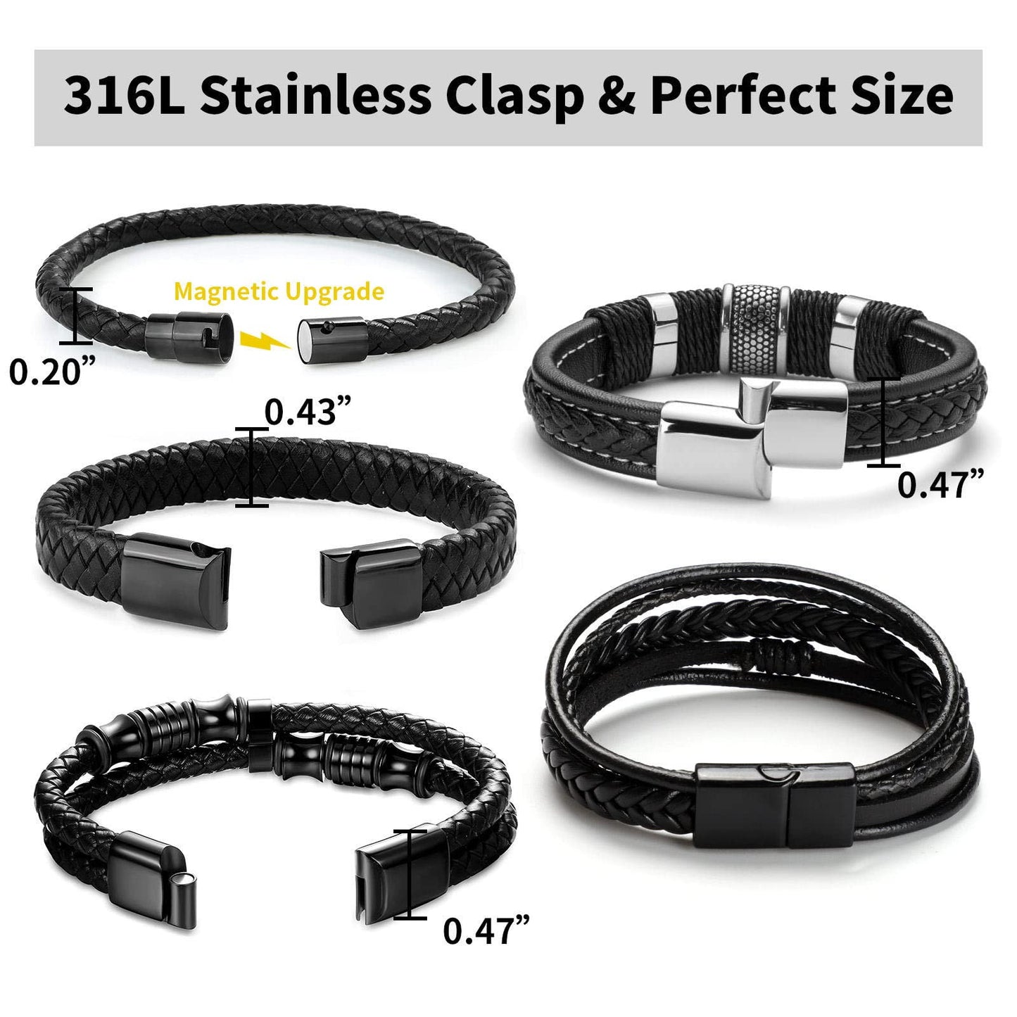 Black Leather Bracelets for Men Women 5pcs Mens Bracelet Leather and Steel Braided Cuff Bracelets