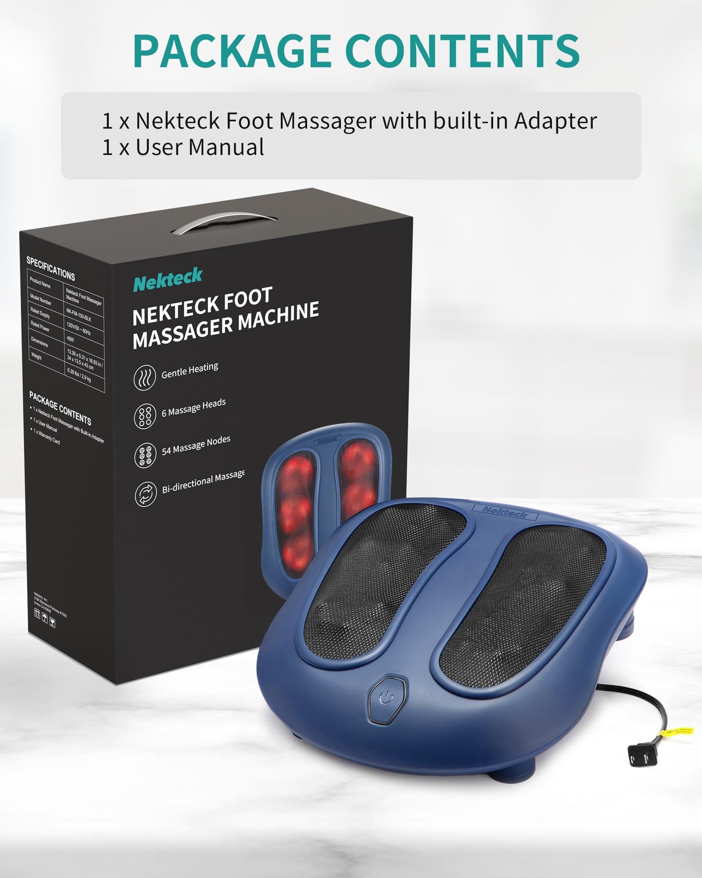 Nekteck Foot Massager with Heat, Shiatsu Heated Electric Kneading Foot Massager Machine for Plantar Fasciitis, Built-in Infrared Heat Function and Power Cord (Black)