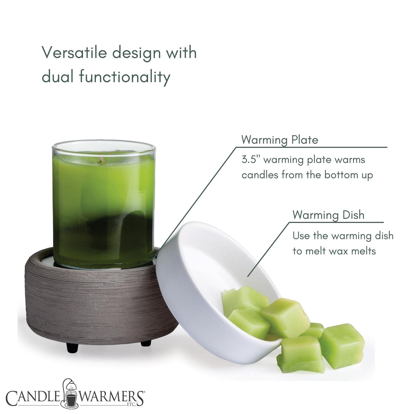 Candle Warmers Etc 2-In-1 Candle and Fragrance Wax Melt Warmer For Warming Scented Candles or Wax Melts and Tarts With To Freshen Room, Slate