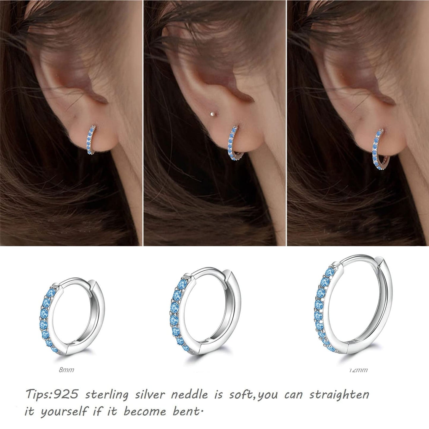 925 Sterling Silver Small Hoop Earrings Cubic Zirconia Huggie Hoop Earrings, 3 Pairs 14K White Gold Plated Cartilage Piercing Earrings Ear Cuff Tiny Hoop Earrings for Women Men