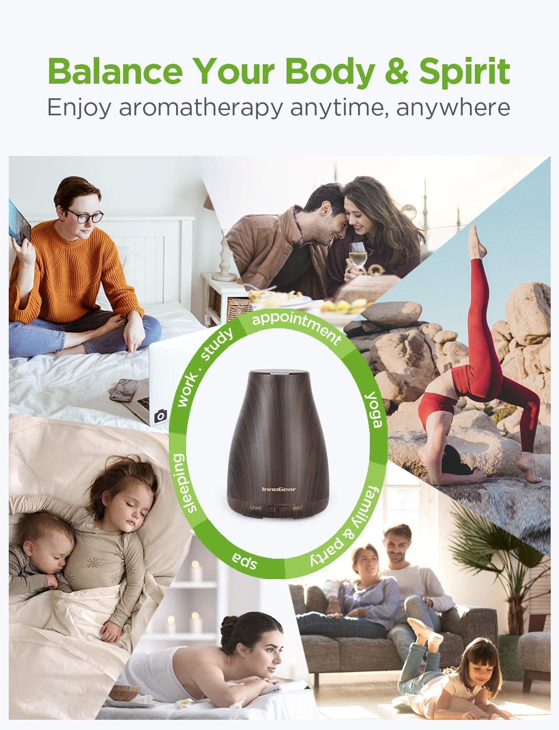 InnoGear Essential Oil Diffuser, Premium 5-in-1 Diffusers for Home Scent Aromatherapy Diffuser Air Desk Humidifier for Bedroom Large Room Office 7 Color LED 2 Mist Mode Waterless Auto Off, Bronze