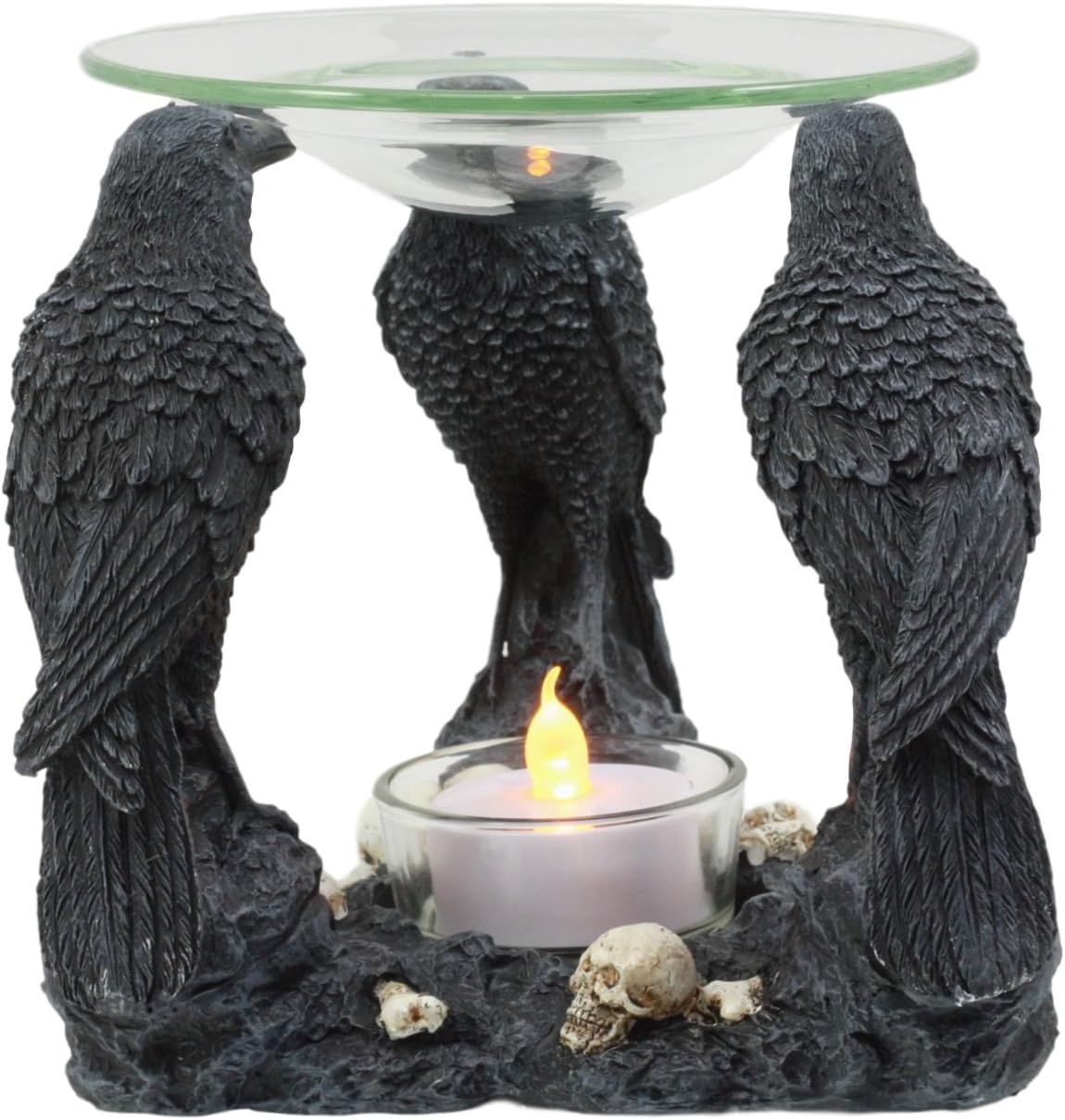 Ebros Macabre Nevermore Skull Graveyard with Three Ravens Oil Warmer Statue Wax Tart Burner Aroma Scent Diffuser Resin Three Eyed Raven Gothic Themed Tea Light Candle Holder Decorative Figurine