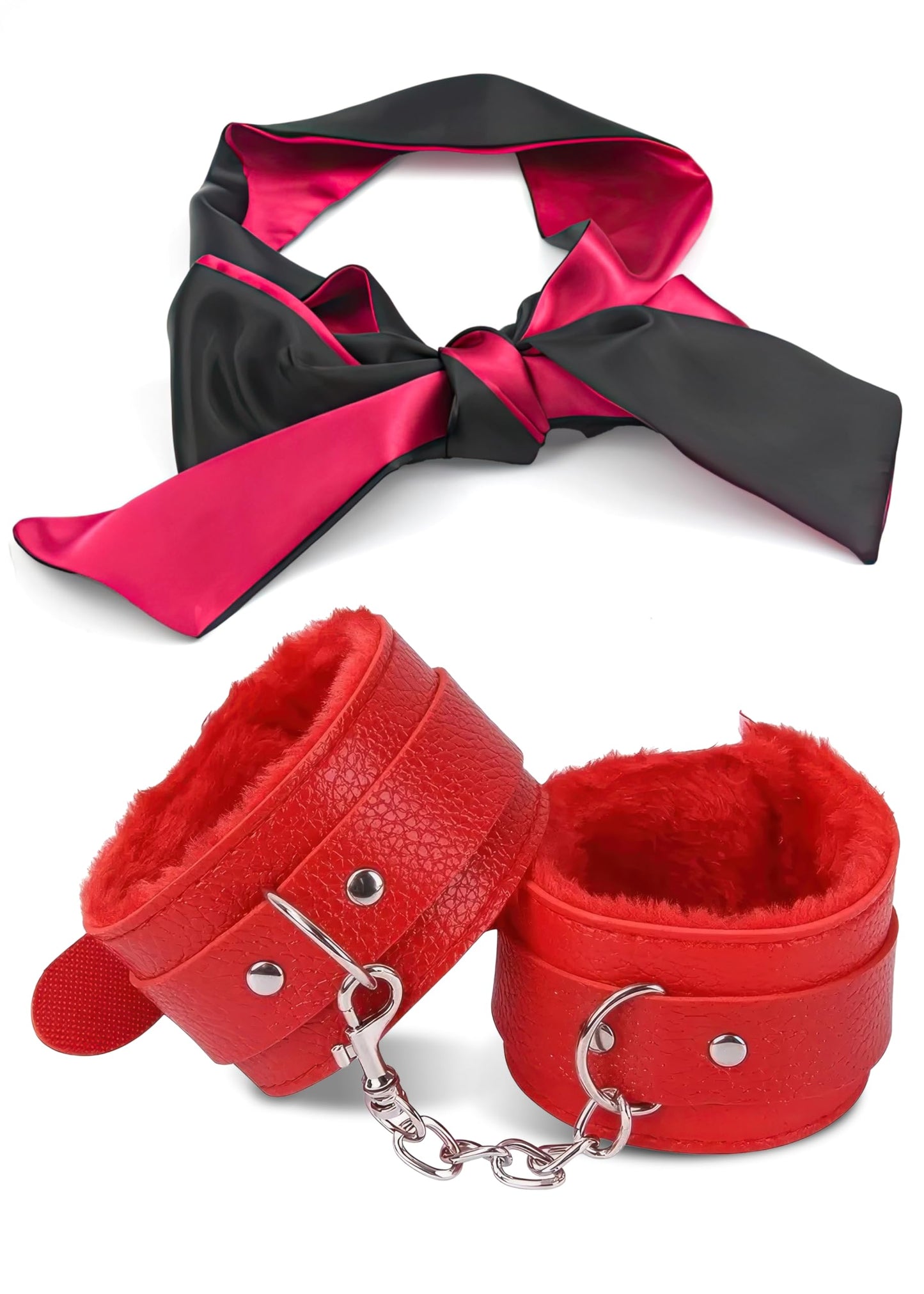 Set of Leather Handcuff Bracelets and Black Mask, Adjustable and Silk 59 in X 2.8 in, Soft Handcuffs for Play