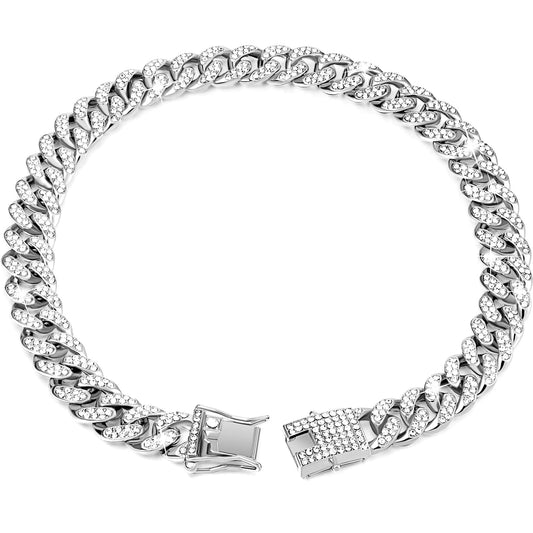 Dog Chain Diamond Collar Walking Metal Chain Collar with Design Secure Buckle, Pet Collar Jewelry Accessories for Small Medium Large Dogs Cats (Silver, 24 Inch)