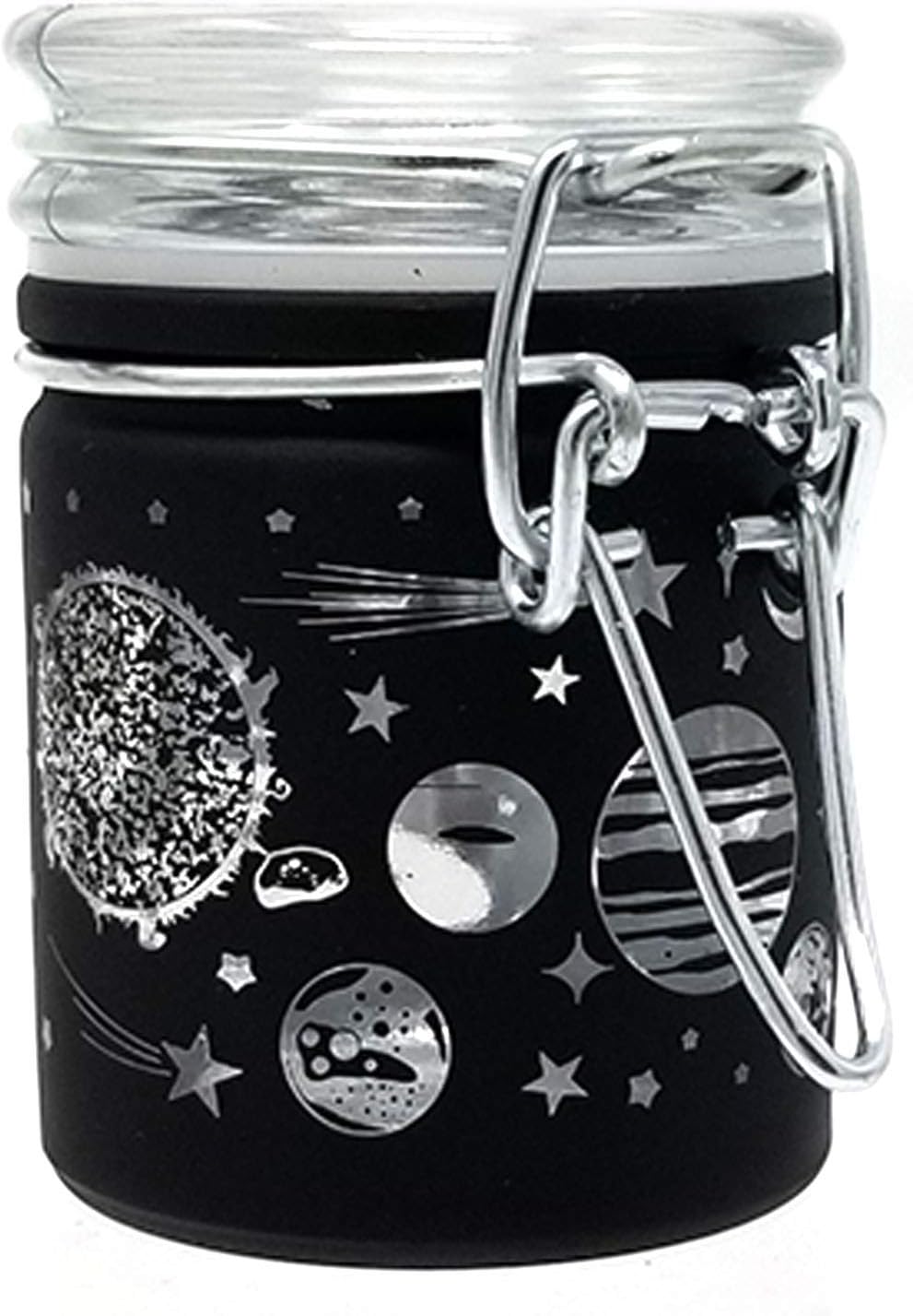 Airtight Glass Herb Stash Jar with Clamping Lid in Choice of Design (Black Frosted Galaxy)