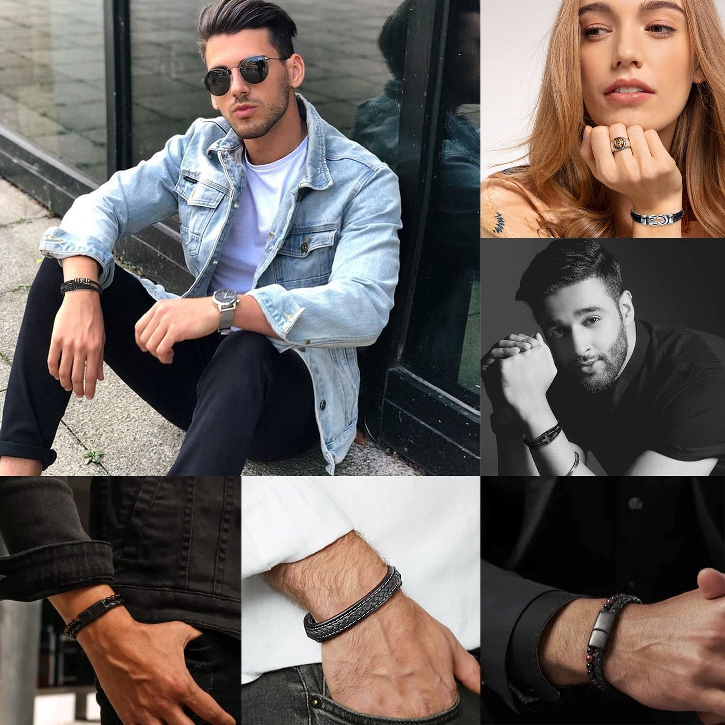 Black Leather Bracelets for Men Women 5pcs Mens Bracelet Leather and Steel Braided Cuff Bracelets