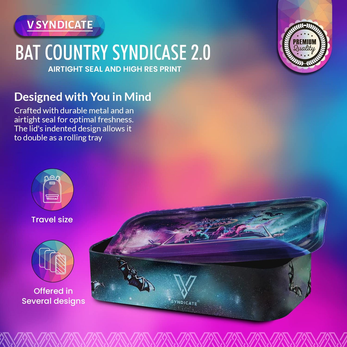 V. Syndicate 5" x 2.8" x 1.5" Mini Metal Storage Box with Lid - Airtight Lid to Avoid Moisture - Flex Your Style with 360 Print of Original Interactive Artwork on All Sides (Syndicase 2.0, Dank Diva)