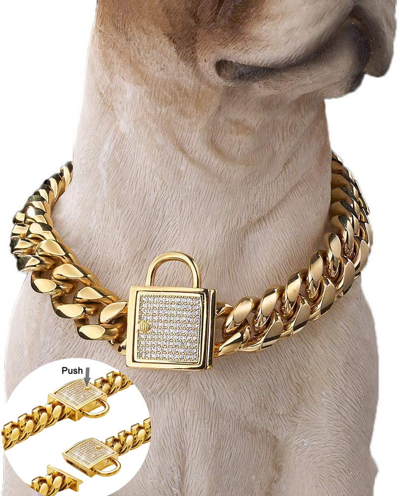 Gold Dog Chain Collar 10mm Wide Cuban Link Puppy Collar 316L Stainless Steel with CZ Diamond Lock Bling Collar for Large Medium Small Dogs(10mm Gold,10inches)