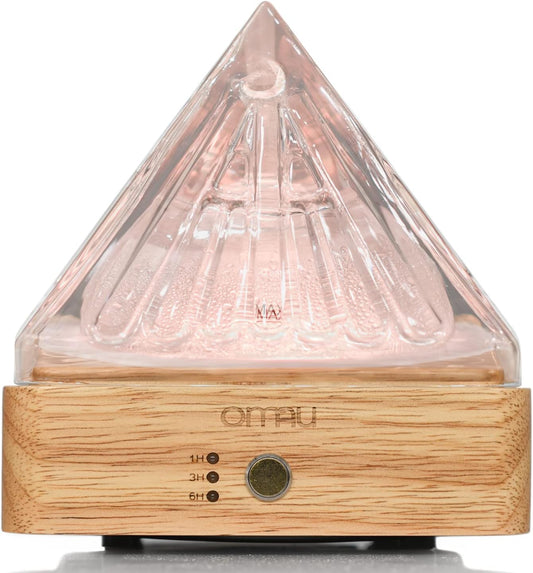 Glass Pyramid Essential Oil Diffuser with Glass Reservoir & Wood Base, Plastic Free Scent Oil Diffusers, 200ml Ultrasonic Glass Diffuser for Aromatherapy Cool Mist Humidifier for Home Gift