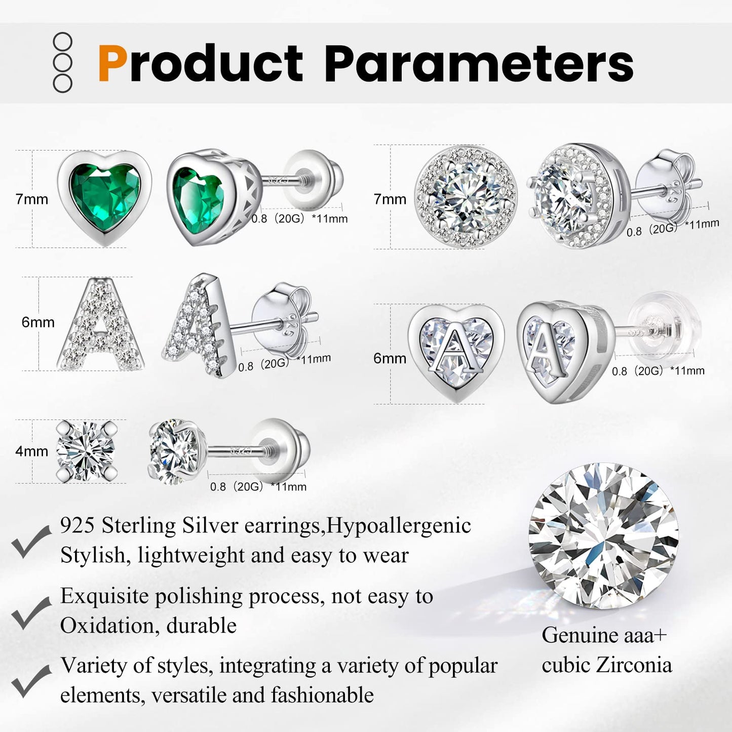 5 Pairs Stud Earrings Set, Hypoallergenic Cubic Zirconia 316L Earrings Stainless Steel CZ Earrings 3-8mm (Steel color)