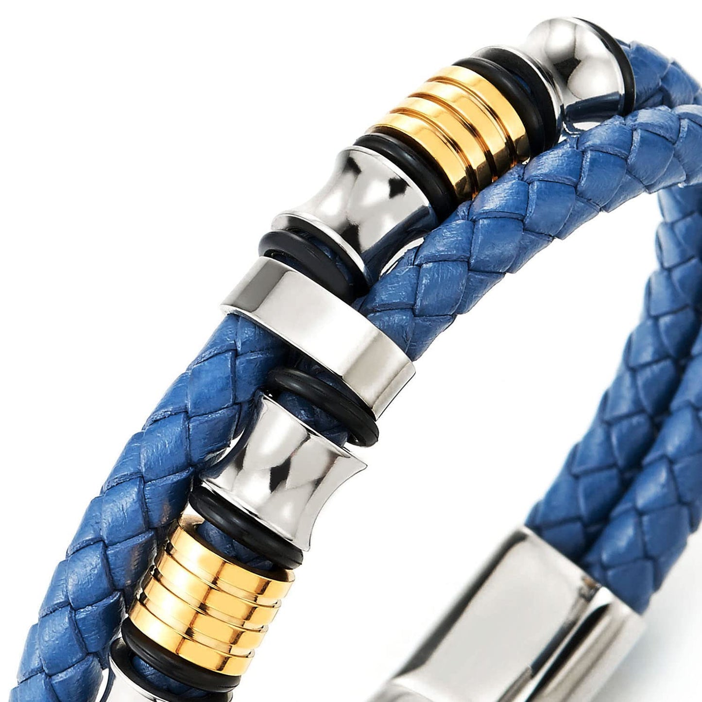 COOLSTEELANDBEYOND Mens Double-Row Braided Leather Bracelet Bangle Wristband with Stainless Steel Ornaments