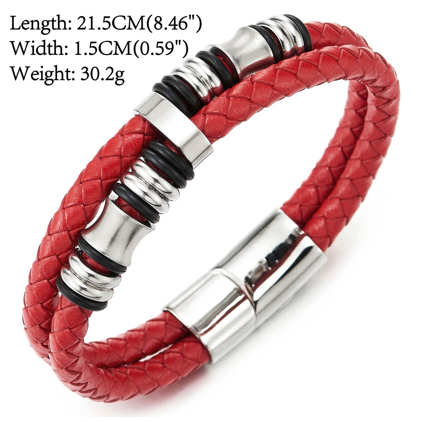 COOLSTEELANDBEYOND Mens Double-Row Braided Leather Bracelet Bangle Wristband with Stainless Steel Ornaments