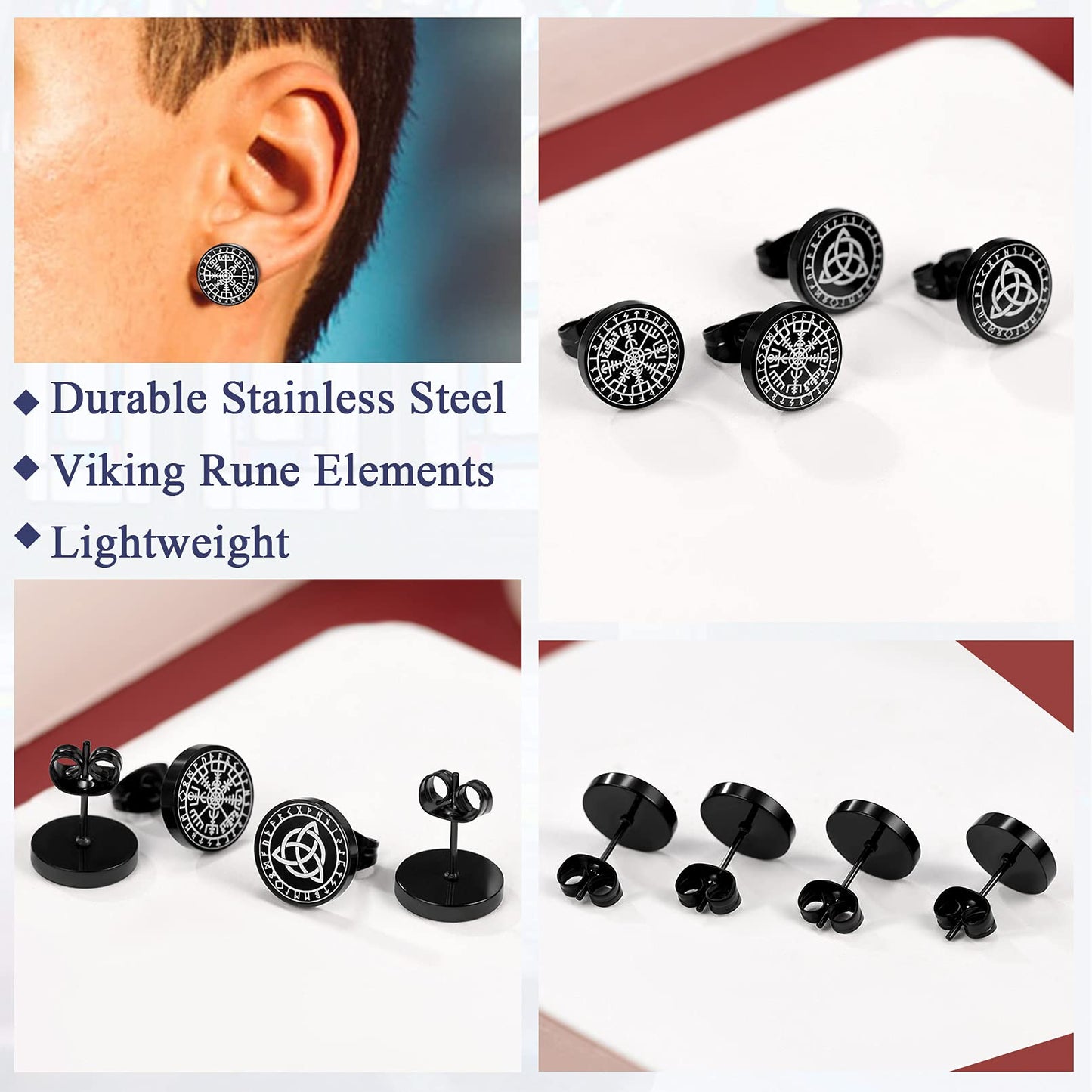 FaithHeart Cool Earrings Set Viking Runes Stuff/Eye of Horus/Cross Black Studs/Hoops Earrings for Men Women with Delicate Packaging