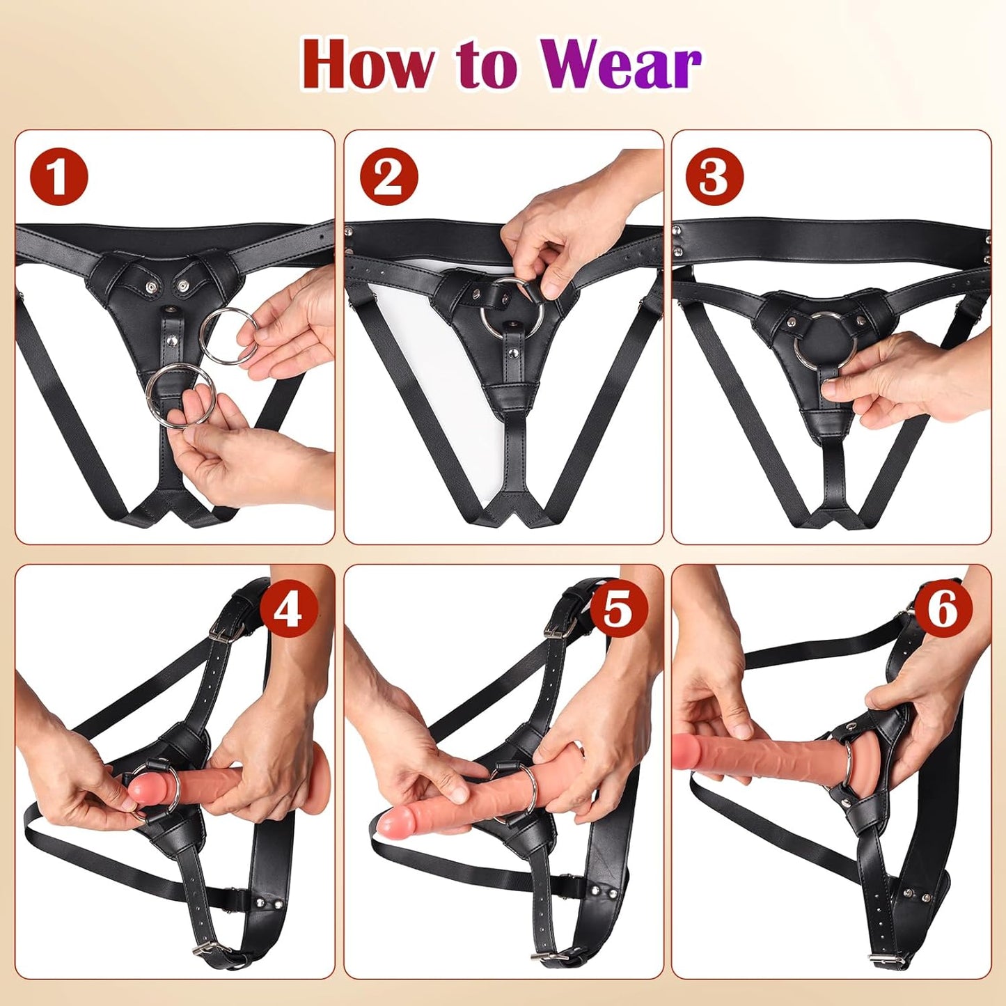 Strap On Dildo Harness Adult Sex Toys for Women Men Pegging Dildo, Adjustable Waist and Thigh Soft Nylon Vegan Leather Belt with 2 Size Metal O-Rings for Lesbian Gay Couple Vaginal Anal Play, Black