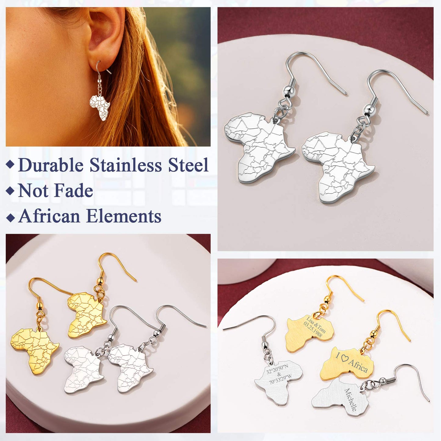 FaithHeart African Map Shaped Drop Earrings Stainless Steel/18K Gold Plated Statement Africa Jewelry Ear Charms for Women Teen Girls