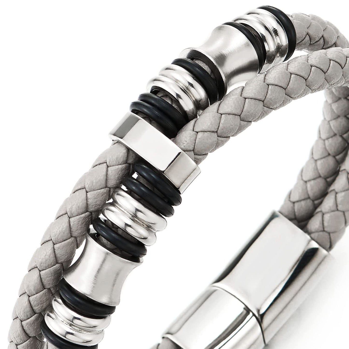 COOLSTEELANDBEYOND Mens Double-Row Braided Leather Bracelet Bangle Wristband with Stainless Steel Ornaments