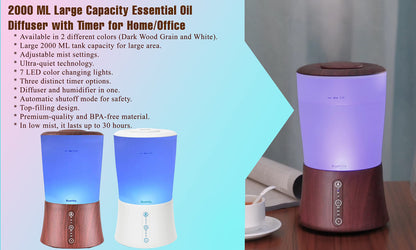 BlueHills Premium 2000 ML XL Essential Oil Diffuser Aromatherapy Humidifier for Large Room Home 40 Hour Run Huge Coverage Area 2 Liter Extra Large Capacity Diffuser Dark Wood Grain (E003)