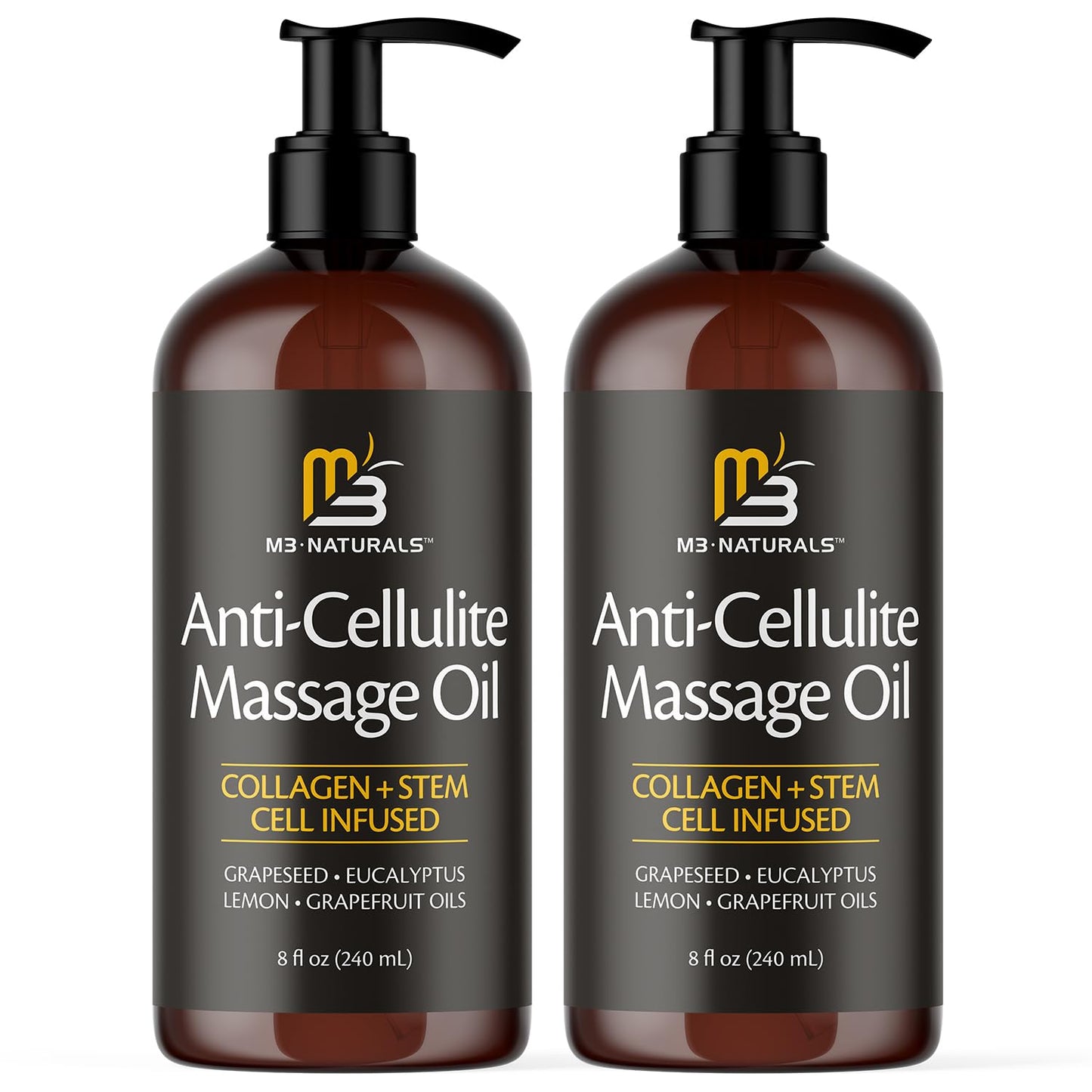 Anti Cellulite Massage Oil for Massage Therapy - Collagen and Stem Cell Skin Tightening Cellulite Cream for Women - 8 Fl Oz by M3 Naturals