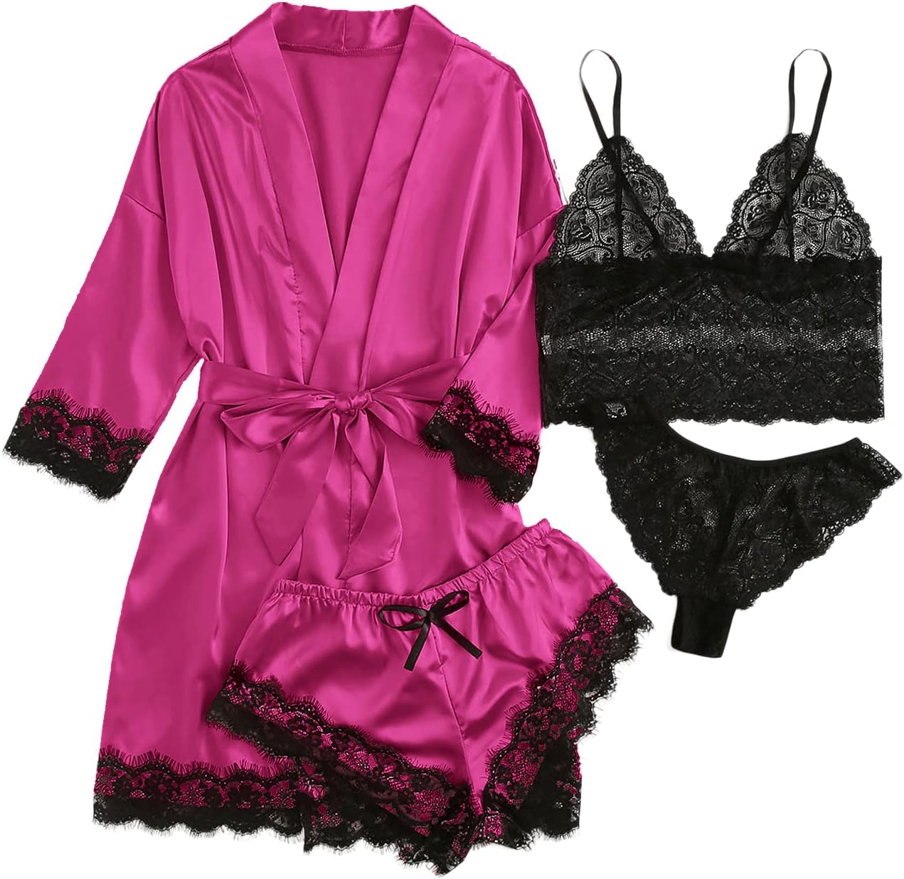 WDIRARA Women' Silk Satin Pajamas Set 4pcs Lingerie Floral Lace Cami Sleepwear with Robe