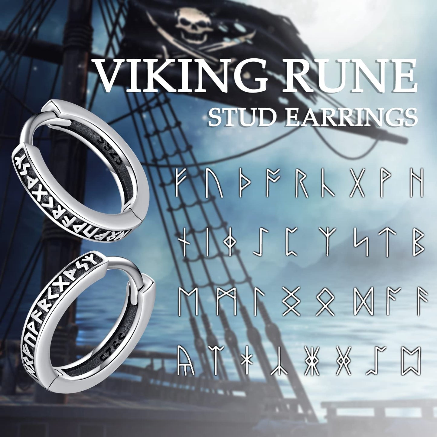 Odinstone Viking Earrings for Men Women, Norse Viking Hoop Earrings Rune Hollow-Carved Design 925 Sterling Silver Huggie Hoops Earrings Jewelry Gift