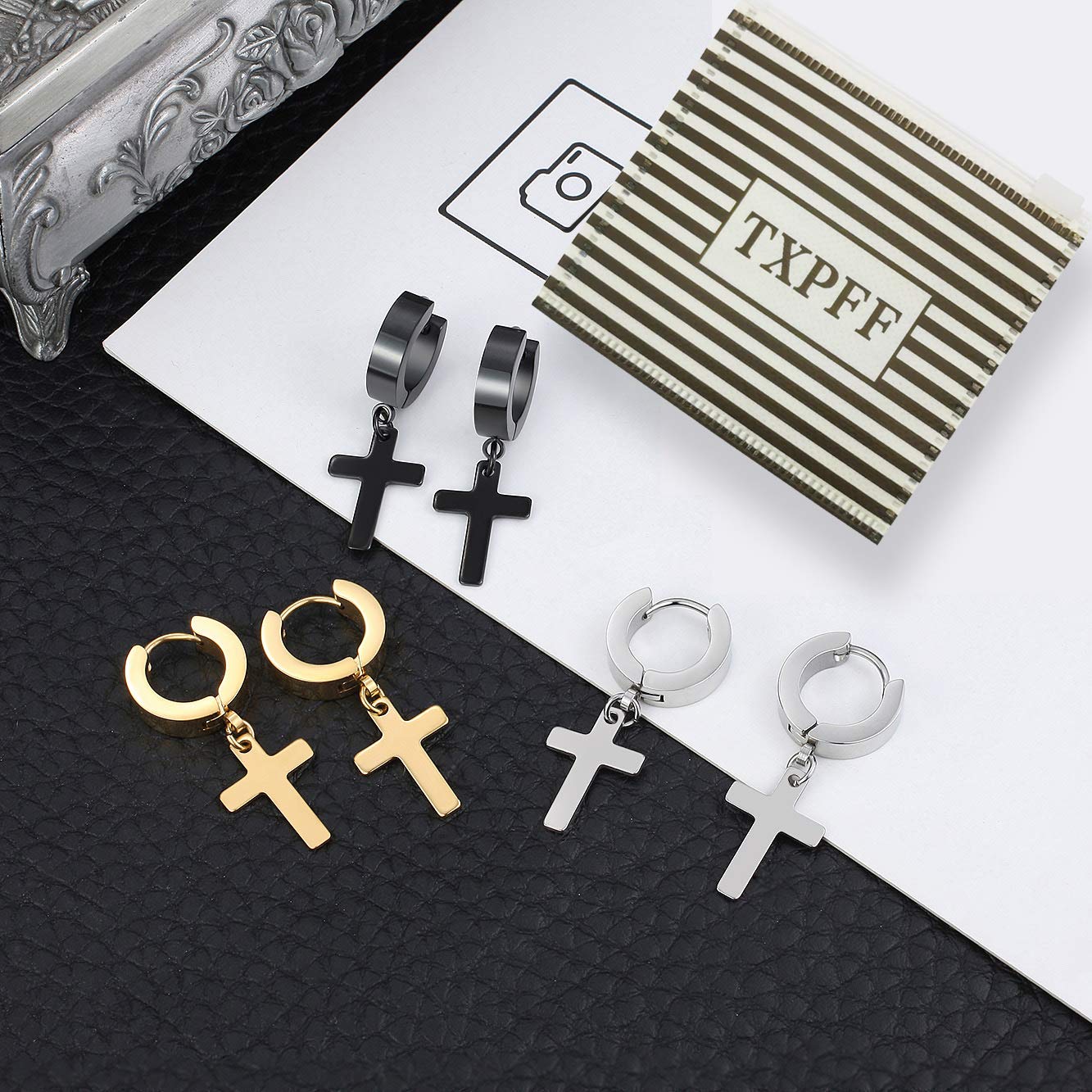 Men Women Stainless Steel Cross Earrings Set Dangle Hinged Earrings of Dangle Hinged Earrings Cross hoop Earrings