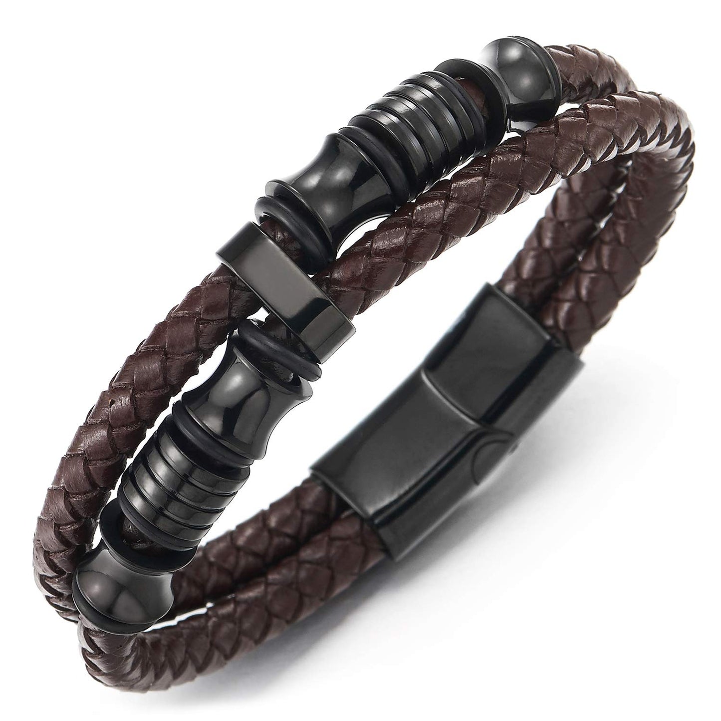 COOLSTEELANDBEYOND Mens Double-Row Braided Leather Bracelet Bangle Wristband with Stainless Steel Ornaments