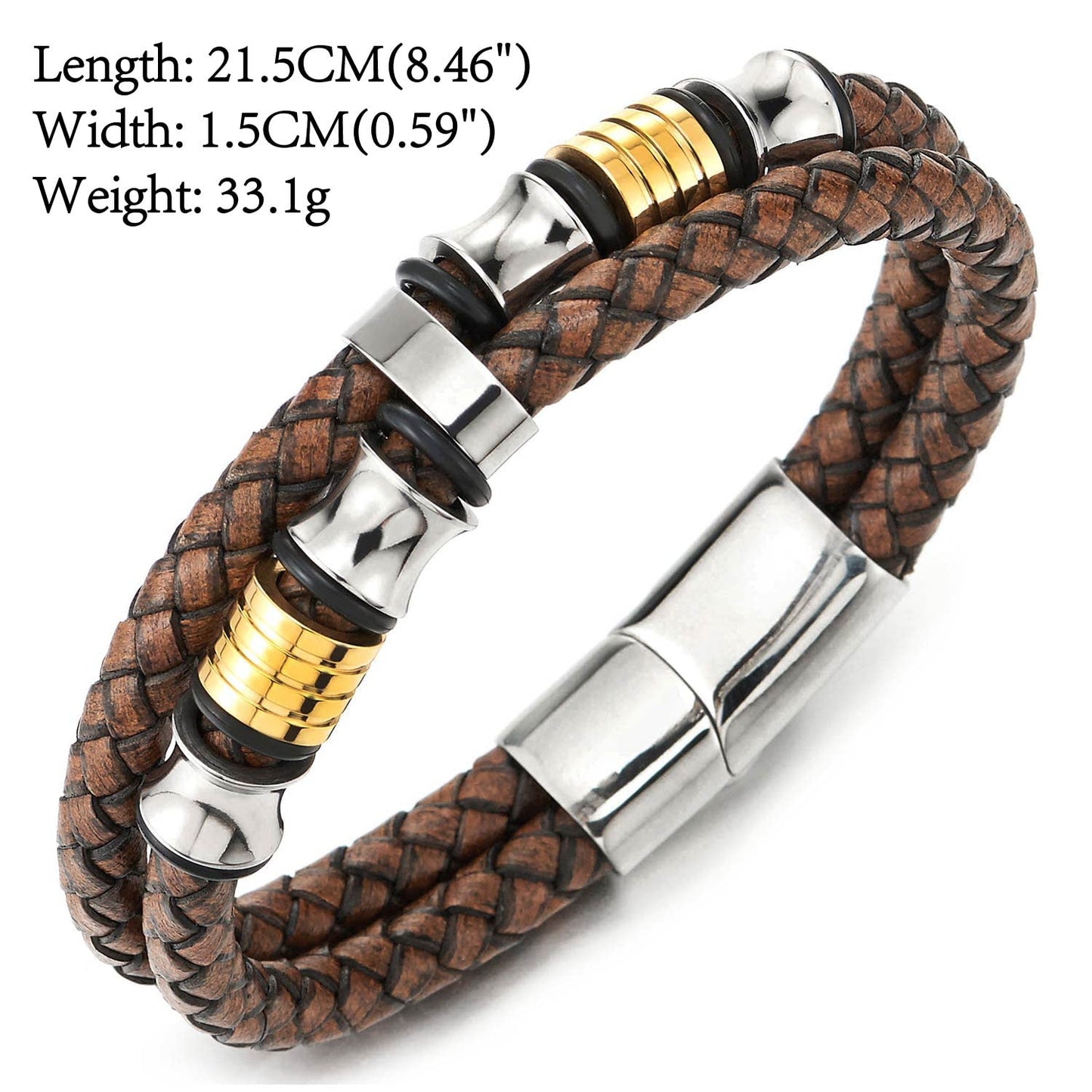 COOLSTEELANDBEYOND Mens Double-Row Braided Leather Bracelet Bangle Wristband with Stainless Steel Ornaments