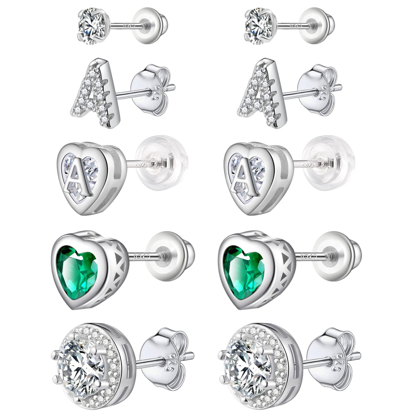 5 Pairs Stud Earrings Set, Hypoallergenic Cubic Zirconia 316L Earrings Stainless Steel CZ Earrings 3-8mm (Steel color)