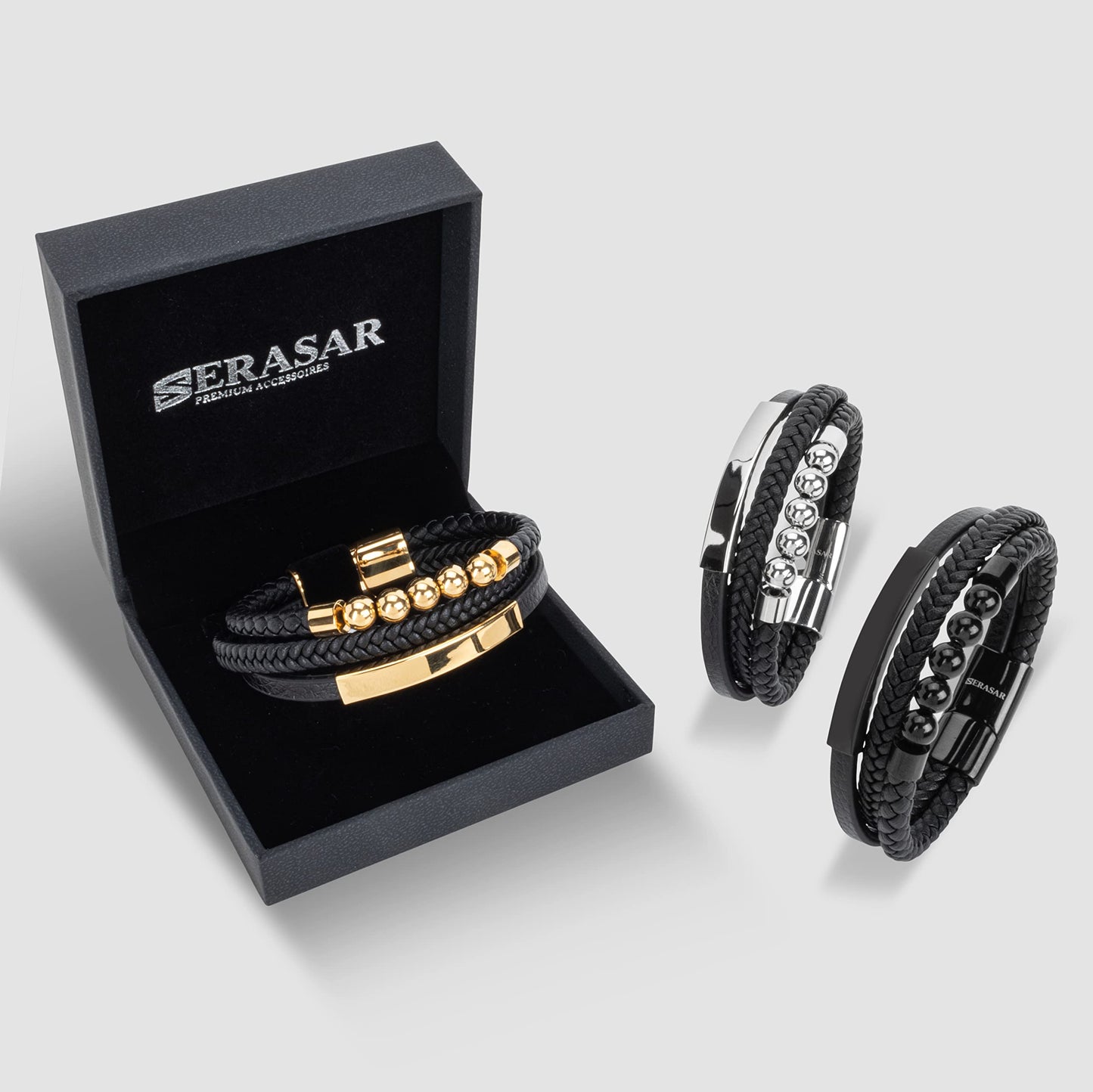 SERASAR Premium Leather Bracelet Men | Stainless Steel Magnetic Clasp | Three Colors | Jewelry Box Included