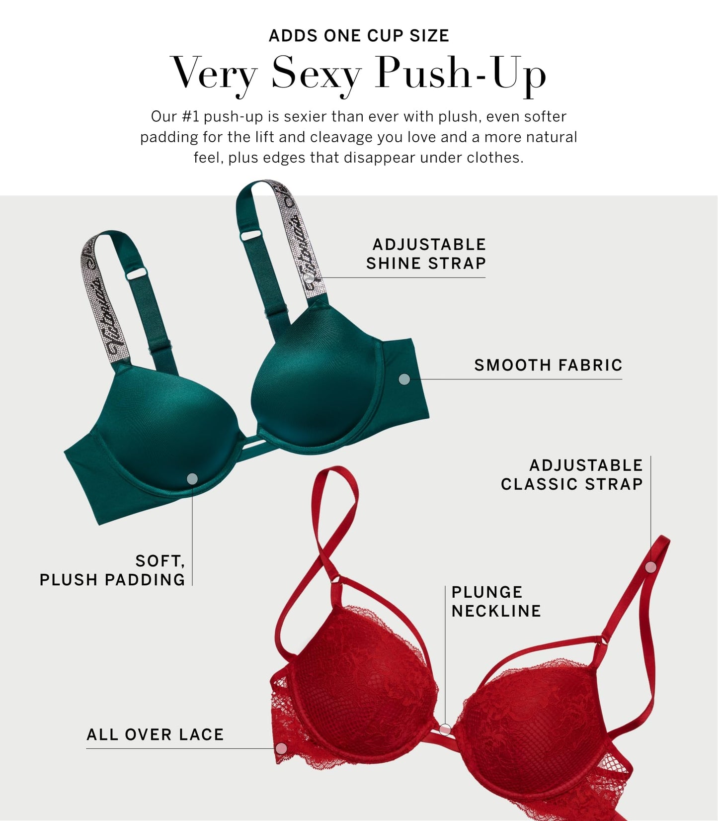 Victoria's Secret Very Sexy Push Up Bra, Adds 1 Cup, Shine Strap, Bras for Women (32A-38DD)