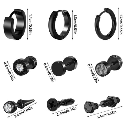Black Stainless Steel Stud Earrings for Men Women Small Huggie Hoop Earrings Set for Men Cool Goth Punk Earrings Barbell Earrings Black Silver Hoop Cartilage Earring (Classic) (Black Tone)
