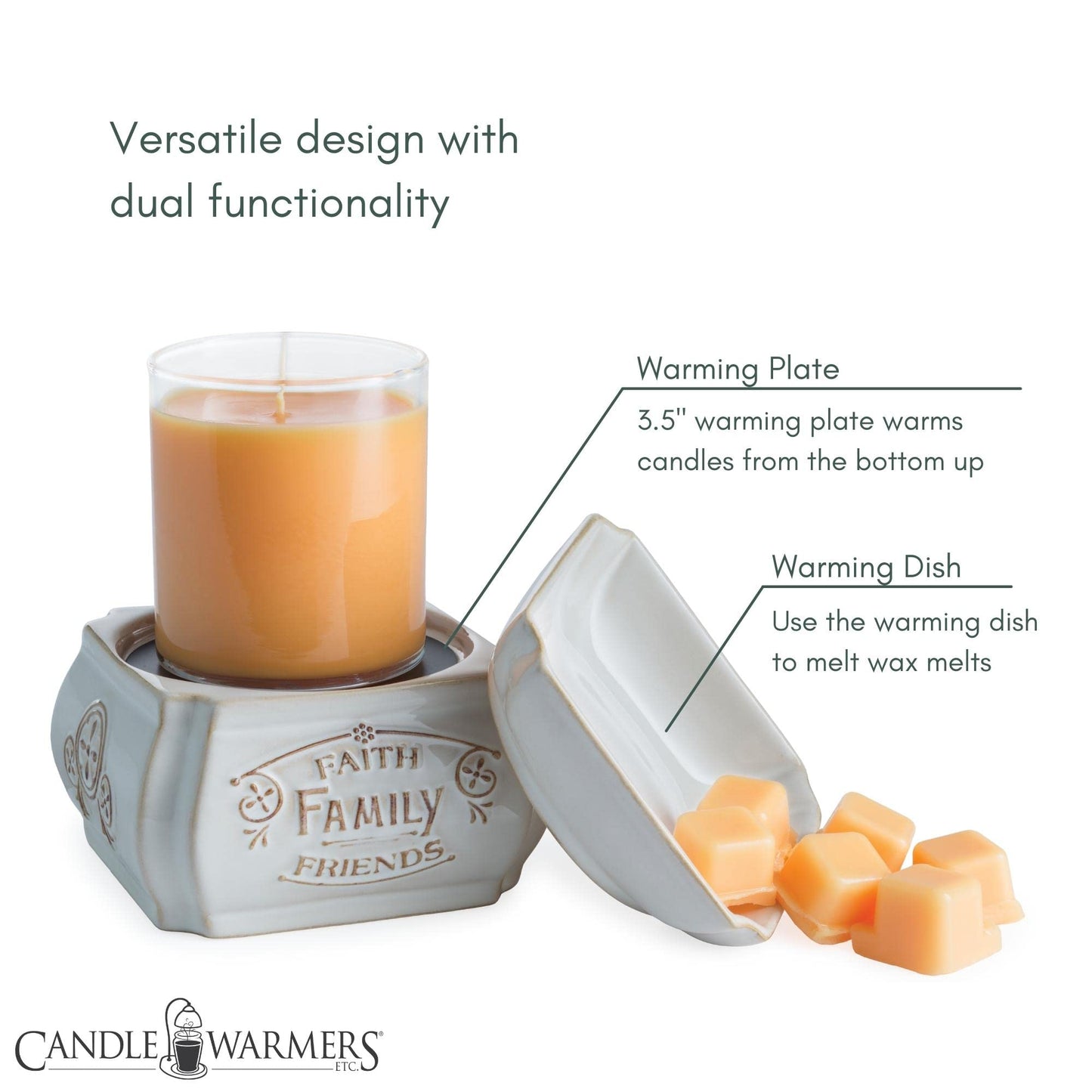 Candle Warmers Etc 2-In-1 Candle and Fragrance Wax Melt Warmer For Warming Scented Candles or Wax Melts and Tarts With To Freshen Room, Slate