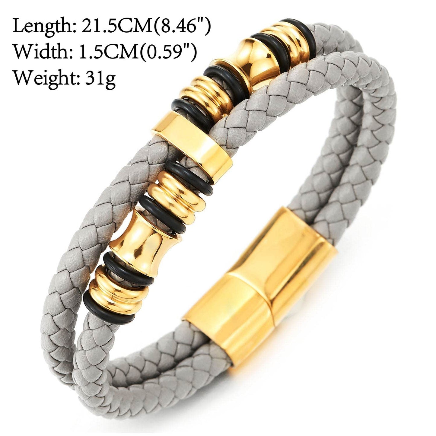 COOLSTEELANDBEYOND Mens Double-Row Braided Leather Bracelet Bangle Wristband with Stainless Steel Ornaments