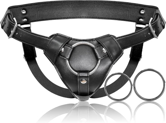 Strap On Dildo Harness Adult Sex Toys for Women Men Pegging Dildo, Adjustable Waist and Thigh Soft Nylon Vegan Leather Belt with 2 Size Metal O-Rings for Lesbian Gay Couple Vaginal Anal Play, Black