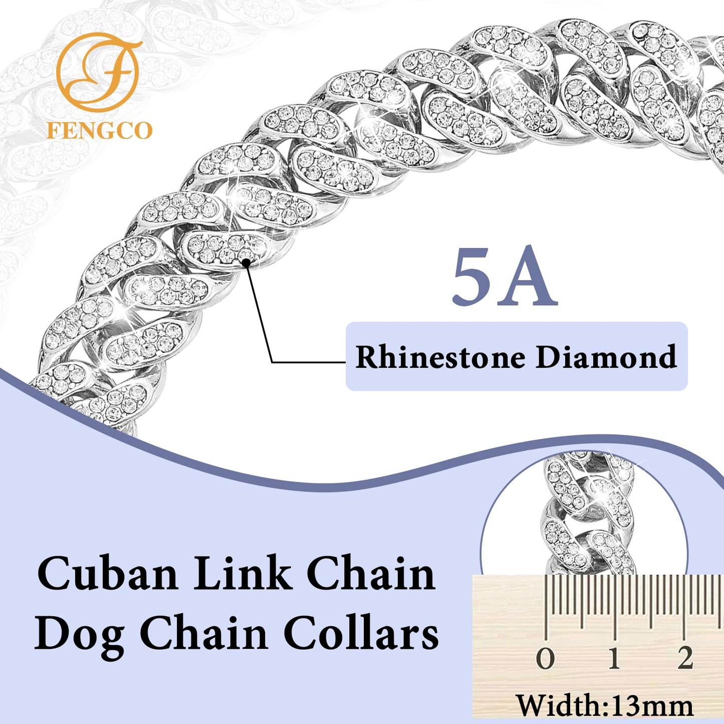 Silver Dog Chain Collar Diamond Cuban Link Dog Collar 13mm Wide Dog Necklace Metal Cat Chain Pet Crystal Collar Jewelry Accessories for Small Medium Large Dogs Cats(10inch)